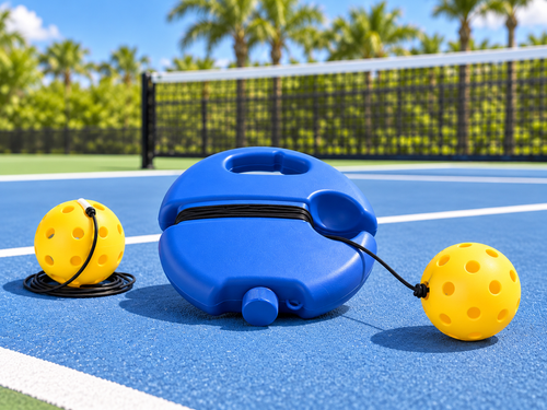 PickleJoy Solo Trainer with ball tether extending from side of base, on a pickleball court