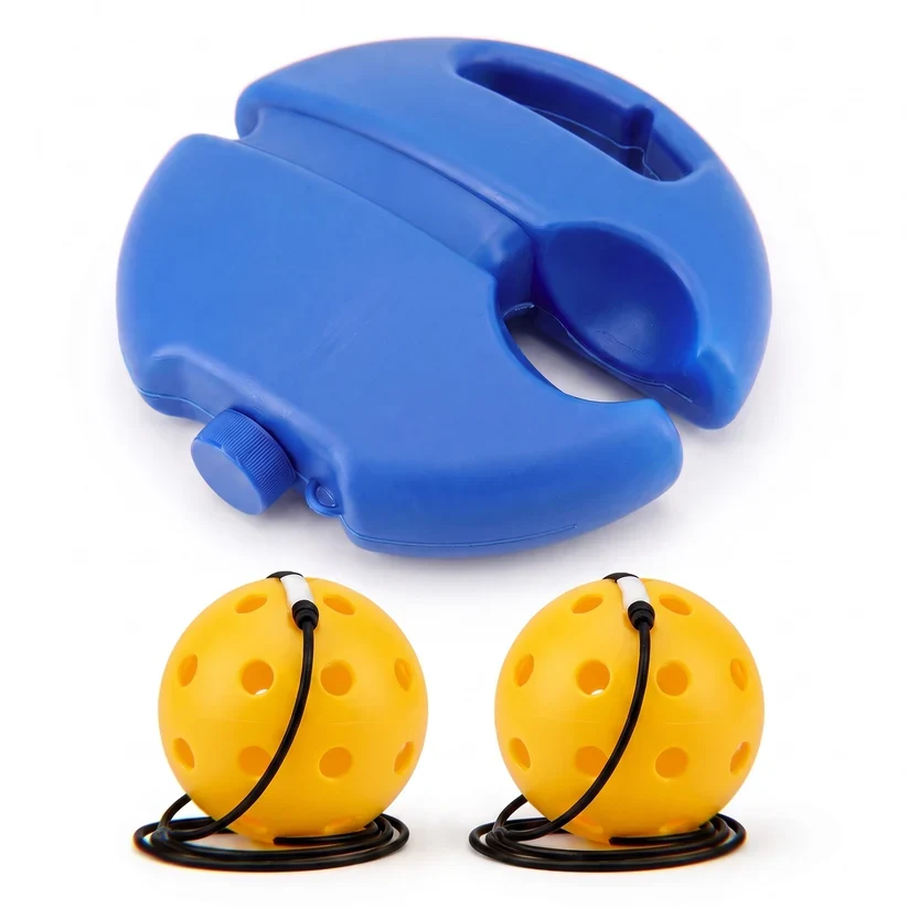 PickleJoy trainer base with two tethered perforated pickleballs